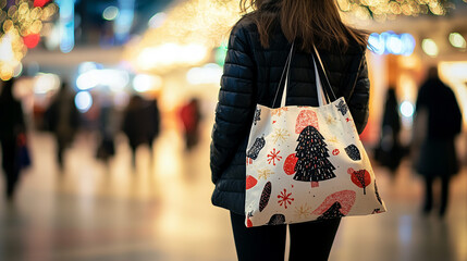 Festive Shopping Tote Bag  Woman at Christmas Market  Winter Holidays  Blurred Background