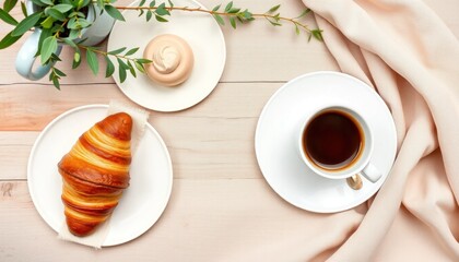 Delicious breakfast composition with croissant, meringue, and coffee for a delightful morning experience