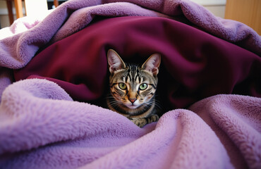 Fototapeta na wymiar Cat peeking from beneath fabric, cozy and playful home setting.