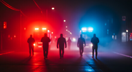 Eerie Night Scene with Blurred Silhouettes and Pulsing Emergency Vehicle Lights in a Foggy Urban Street