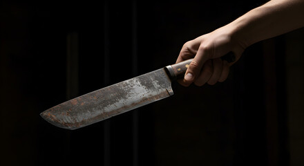 Hand Gripping Rusty Knife in Darkness with Metallic Blade and Rust Colored Imperfections Emphasizing Danger and Crime