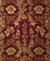 Burgundy & gold floral baroque wallpaper  Intricate scrolls & blossoms , tapestry, ornate, luxury