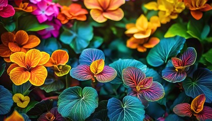 Fototapeta premium Cluster of hydrangeas in pink, purple, blue, and yellow surrounded by green leaves.