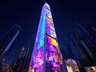 Obraz premium Illuminated skyscraper against the night sky. This modern architectural marvel uses vibrant colors, showcasing the beauty of urban design.