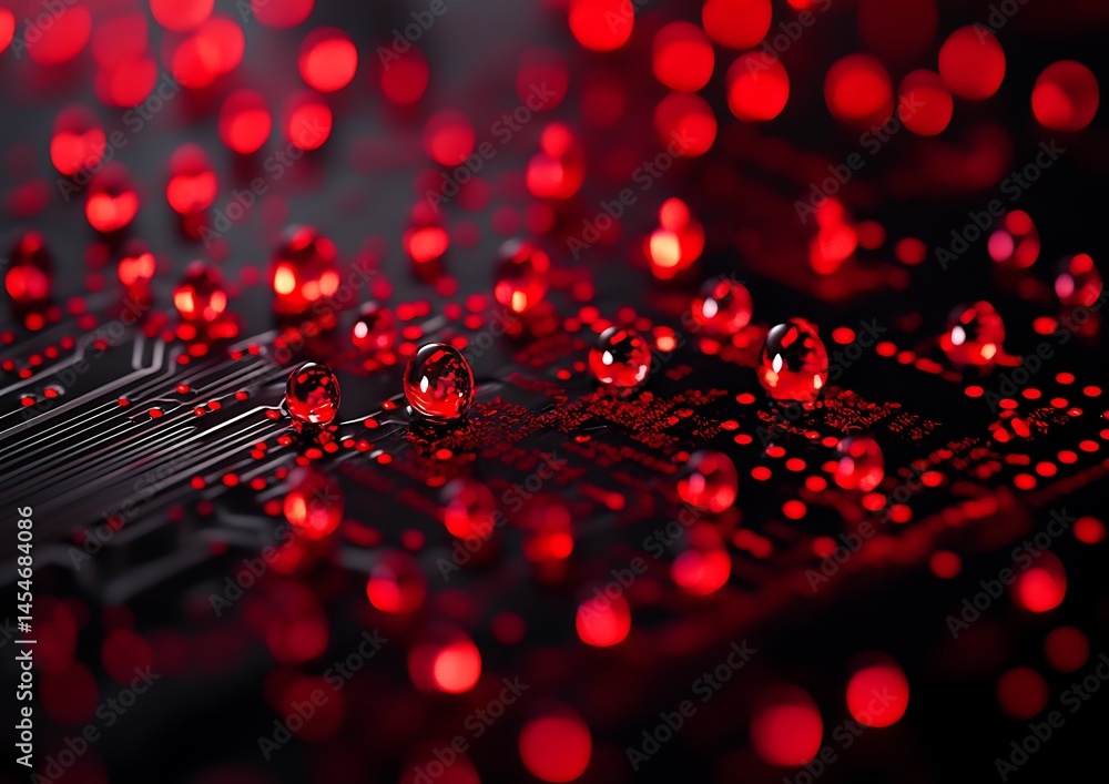Aufkleber close-up of a circuit board with red droplets reflecting light, creating a high-tech atmosphere