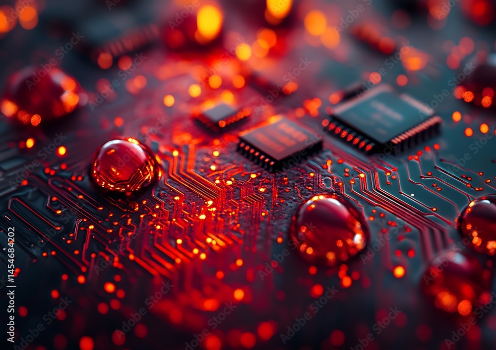 Poster close-up view of a vibrant circuit board with glowing elements and droplets, showcasing technologica