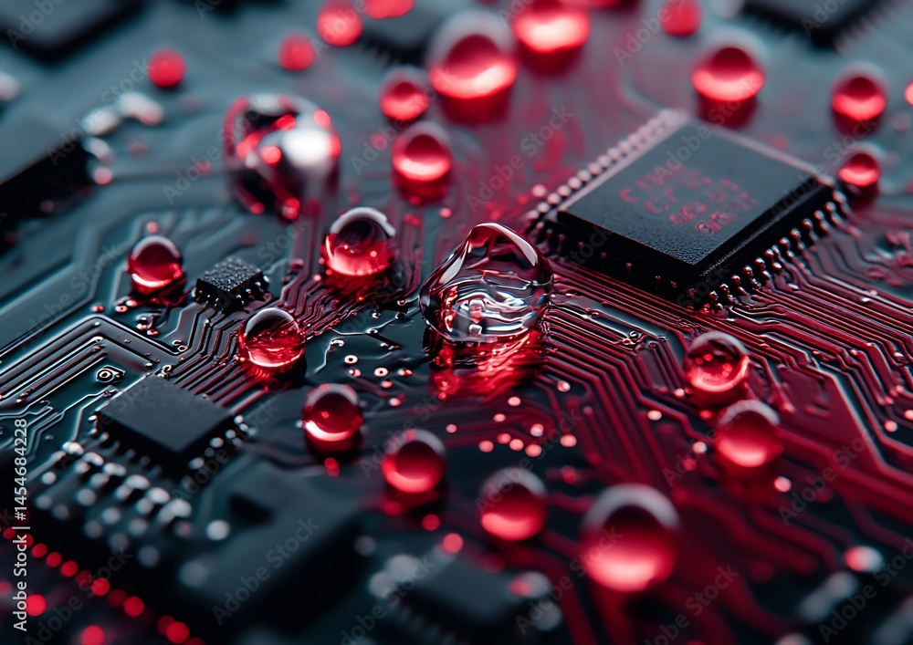 Poster close-up view of a circuit board with red droplets highlighting electronic components and connection