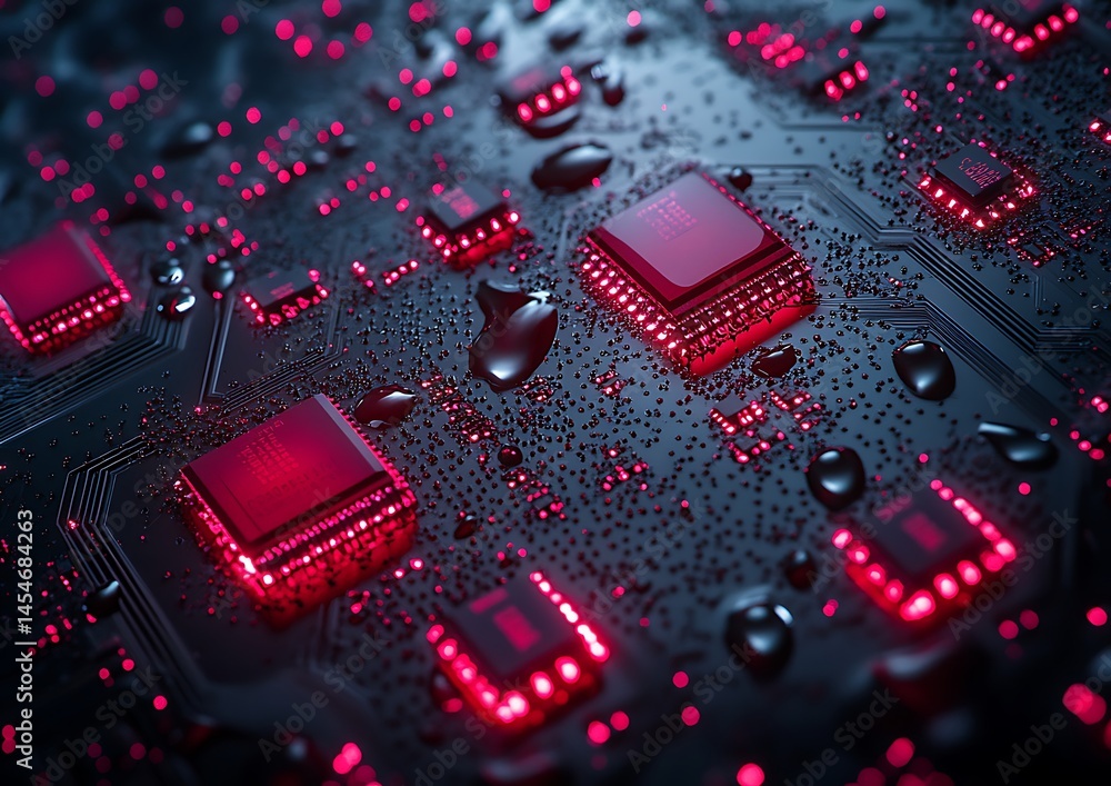 Poster close-up view of a wet circuit board with glowing red microchips and water droplets reflecting light