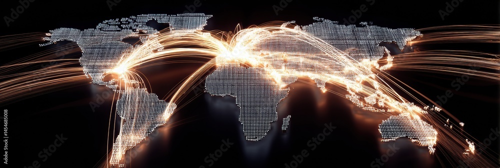 Fototapete glowing digital world map with parcel lines illustrating global connections between continents and r