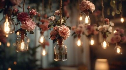 A mesmerizing arrangement of hanging vases with blooming roses, each suspended by rough twine, glowing under dim light bulbs in a rustic interior