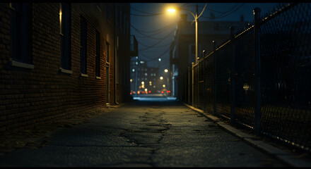 Fototapeta premium Dimly Lit Alleyway at Night with Flickering Street Lamp and Cracked Asphalt Ground