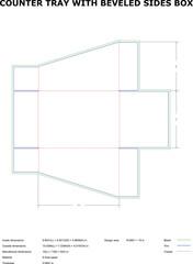Flat view blueprint design of a counter display tray box with beveled sides showing measurements and dimensions for diecut creation.