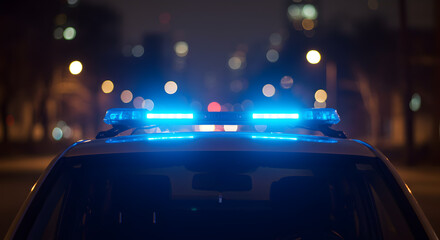Emergency Vehicle With Flashing Blue Light Bar At Night Low Angle
