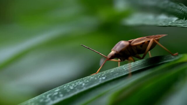 Close-up of a Stink Bug on Green Leaves, showcasing its intricate detail and textures, in natural sunlight