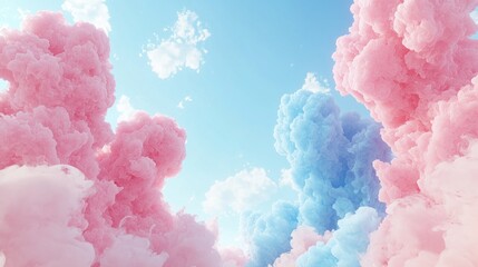 Fototapeta premium Fluffy pink and blue smoke fills a clear sky