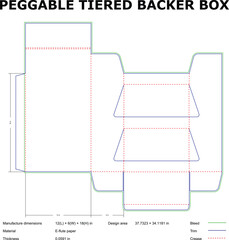Detailed vector diagram of a peggable tiered backer box diecut with dimensions and design features for packaging purposes.