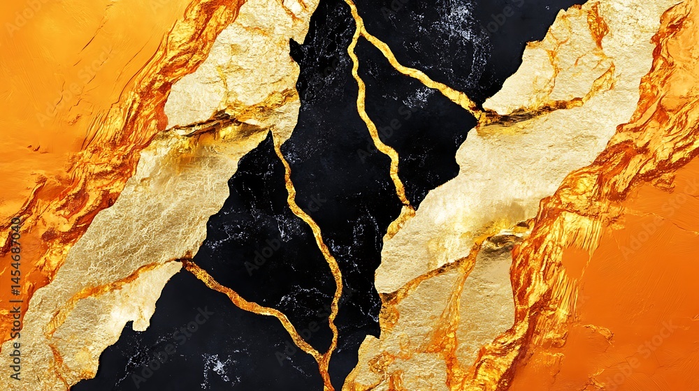 Aufkleber abstract close-up of a striking gold and black textured surface with intricate patterns and cracks