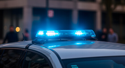 Pulsating Blue Emergency Lights Flashing Rhythmically At Vehicle Roof With Blurred Urban Backdrop Enhancing Visual Intensity