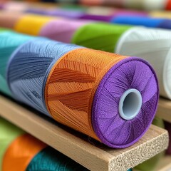 Colorful Thread Spools on Wooden Rack Close Up
