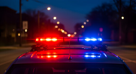Pulsating Emergency Vehicle Lights atop Police Car in Dark Street