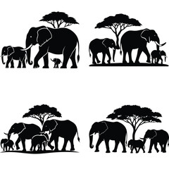 Elephant Family Silhouette Collection Walking Under Trees In African Safari Setting