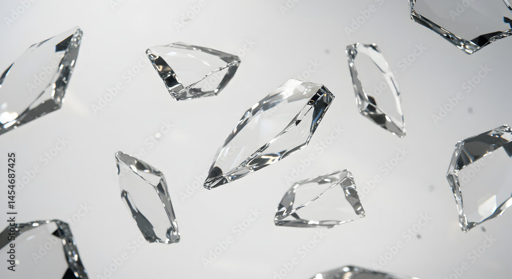Poster rotating clear glass shards reflecting light with macro lens technique on light background perfect f