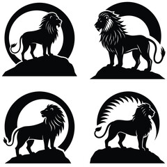Regal Lion Silhouette Collection On Rock Outcrops Against Circular Backgrounds Vector Illustration