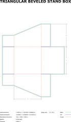Vector illustration of a triangular beveled stand box diecut template with dimensions and measurement specifications.