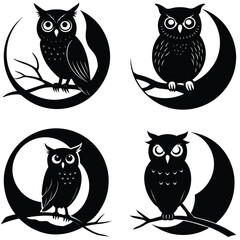 Silhouette Owls On Branches With Crescent Moons In Black And White