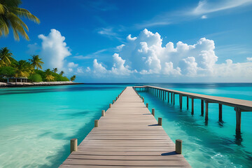 Obraz premium Tropical Paradise: Wooden Pier Over Turquoise Water
