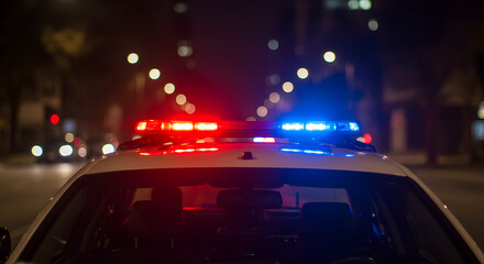 Stationary Police Car Displaying Red and Blue Emergency Lights at Night