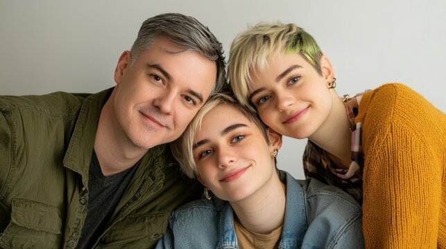 LGBTQ+ family of three, father, mother, and nonbinary teen, studio lighting