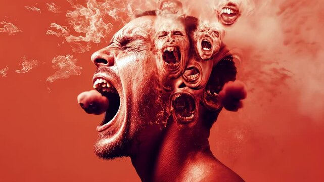 Mental distress visualized through distorted faces, smoke emerging from screaming man, symbolizing intense psychological inner turmoil and emotional release