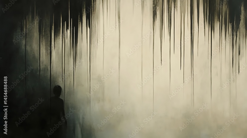 Poster mysterious silhouette standing in foggy environment with cascading water-like formations in backgrou