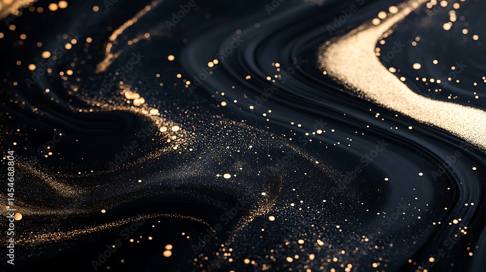 Poster abstract swirling black and gold texture with shimmering particles, creating an elegant background