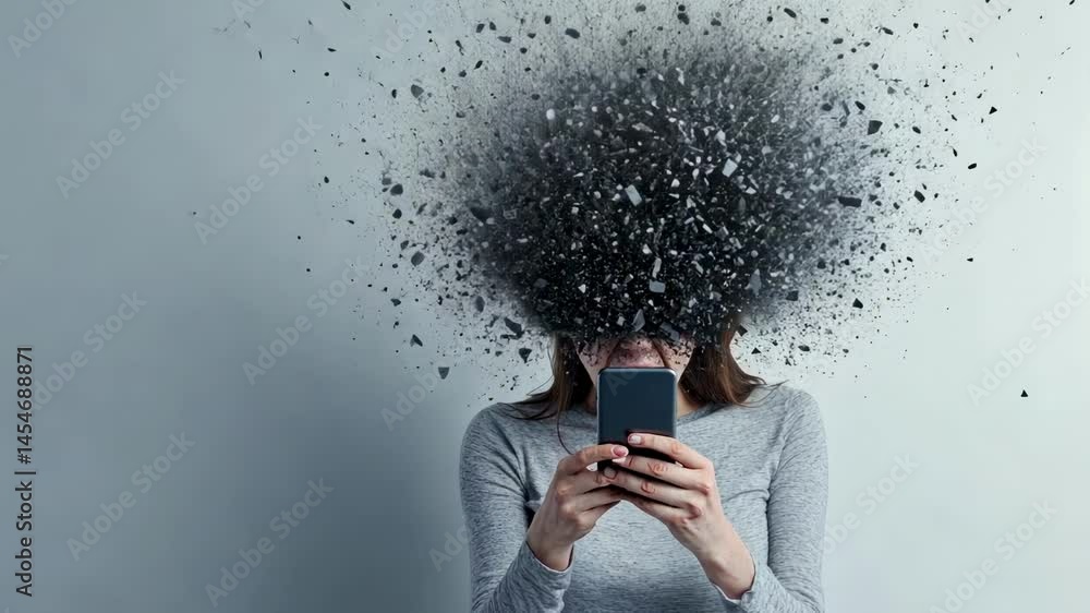 Poster digital news causing severe mental strain, overwhelming woman experiencing information overload, vis