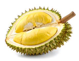 Durian Fruit Split Open: A vivid closeup reveals the inside of a ripe Durian, revealing its creamy, golden flesh and distinctive, pungent aroma. The spiky shell contrasts with the soft, yellow fruit. 