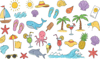 Kid summer beach crayon background. Doodle sea bg. Cute hand drawn sketch flower, sun, cloud, wave, palm, whale, beach umbrella, boat icon. Line crayon vector element.