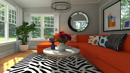 Cozy living room with orange sofa, vibrant flowers, and large windows showcasing a sunny garden