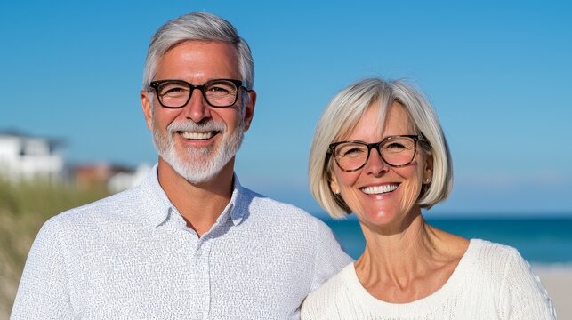 Happy mature elderly couple smiling outdoors at the beach enjoying sunny weather and good health with glasses and casual clothing in a scenic seaside setting