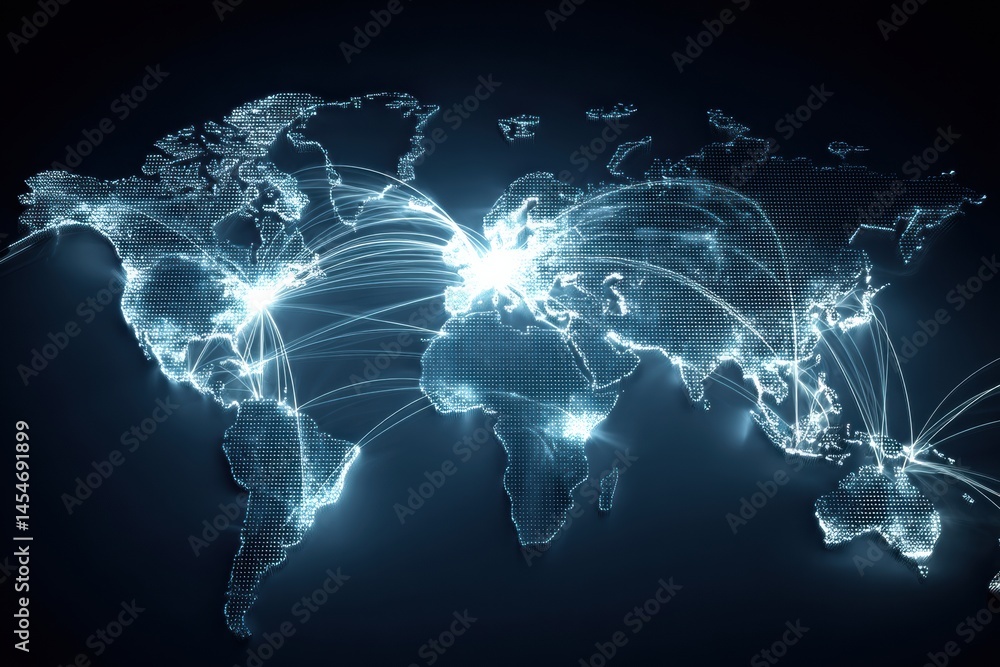 Poster digital world map showing glowing parcel lines connecting continents and illustrating global connect