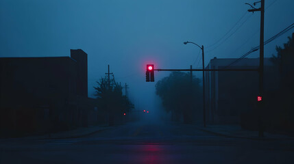 A foggy street scene with a red traffic light and silhouettes of buildings.