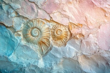 Two ammonite fossils embedded in a multicolored rock face, showcasing ancient marine life.