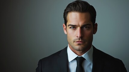 Man in his 30s with slicked-back hair, business suit, sharp expression, clean studio shot