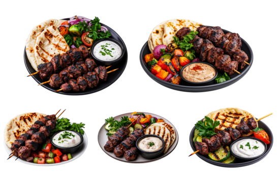 Plates of delicious mixed grill kebabs collection