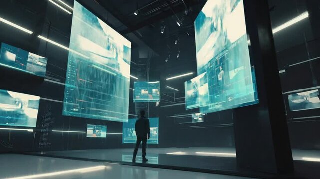 Underground cultist bunker flickering neon symbols LED screens, futuristic glowing corrupted data streams, survivors glitchy corridors, AI whispering, dark horror, rain dripping ceiling vents, moody