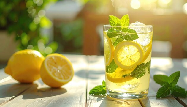 Close up shot of a refreshing lemonade in a glass with ice and mint leaves with lemon slices and whole lemons on a wooden table under the sunlight with blurred background.