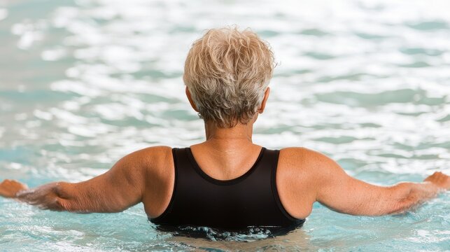 Elderly woman with short gray hair swimming in pool with arms outstretched relaxing in clear water du daytime