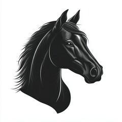 Black horse head profile showcasing elegant features and flowing mane in detailed illustration style