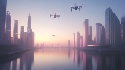 A serene cityscape at dawn with drones flying over a calm river, reflecting skyscrapers and soft light